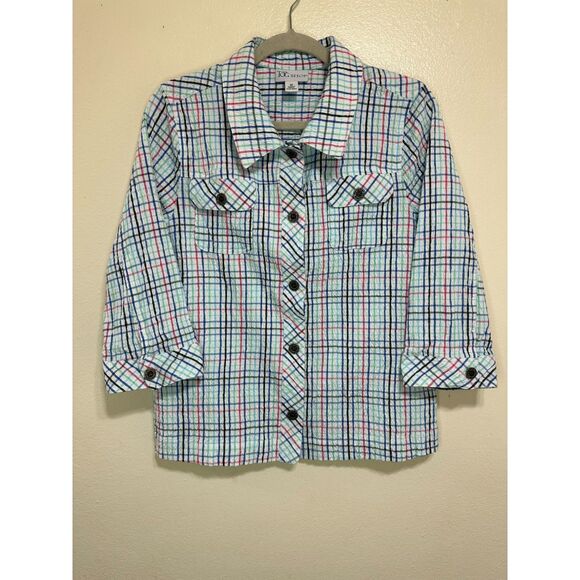 The TOG Shop Women's Seersucker Multi-Colored Plaid Button Down Shacket, Size M - Picture 1 of 3